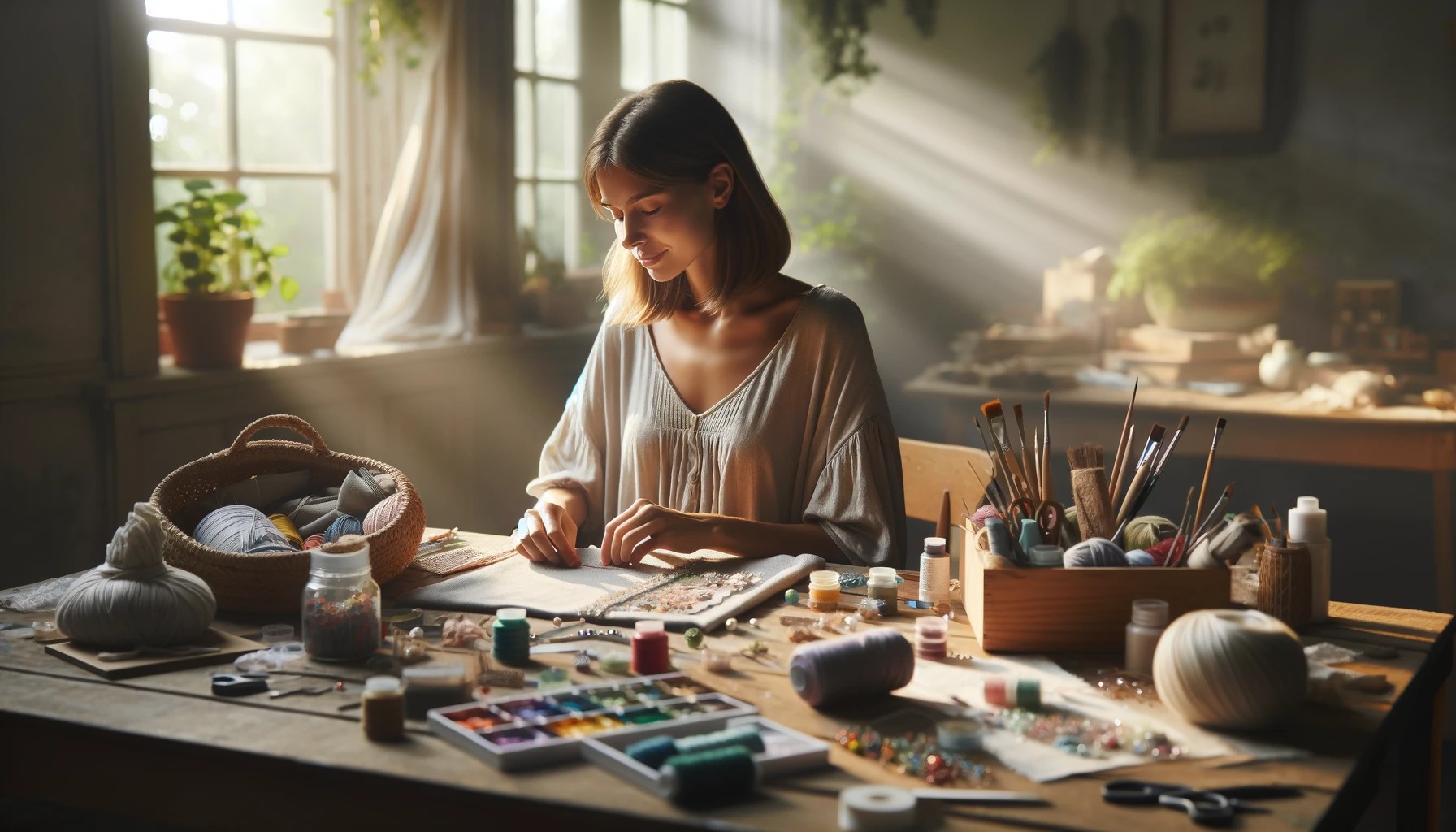 20 DIY Craft Ideas - A serene crafting workspace bathed in natural light. A woman sits at a large table, deeply focused on her crafting project.