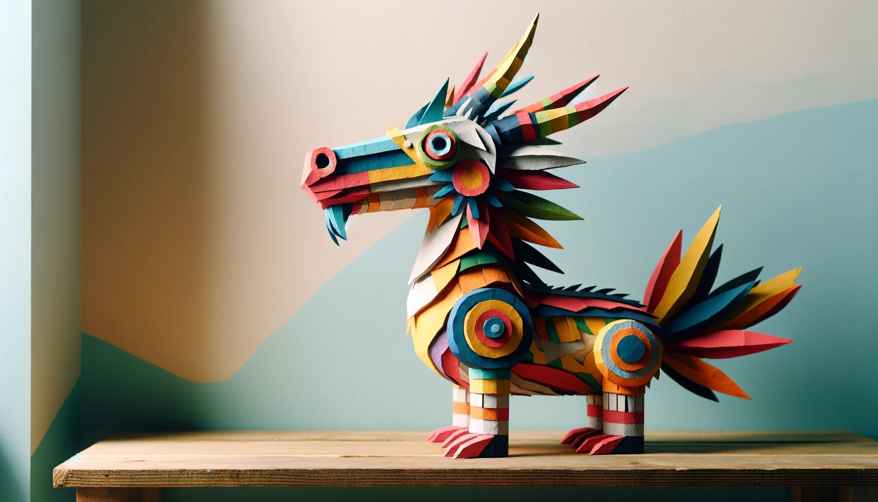 A creatively sculpted paper mâché figure, perhaps an animal or an abstract shape, painted and displayed on a shelf. 