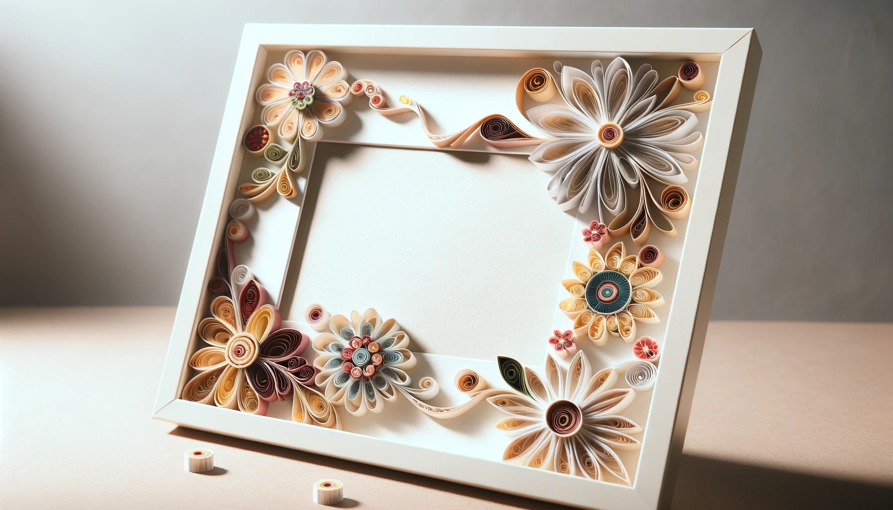 A frame showcasing an intricate paper quilling artwork with floral designs. The artwork features a variety of colors and shapes