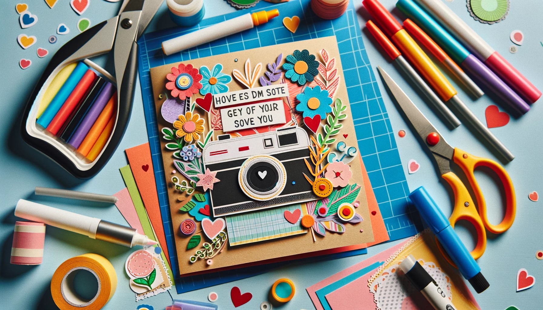 A personalized greeting card, open and standing on a crafting table, adorned with colorful paper, markers, and stickers. The card features a creative 
