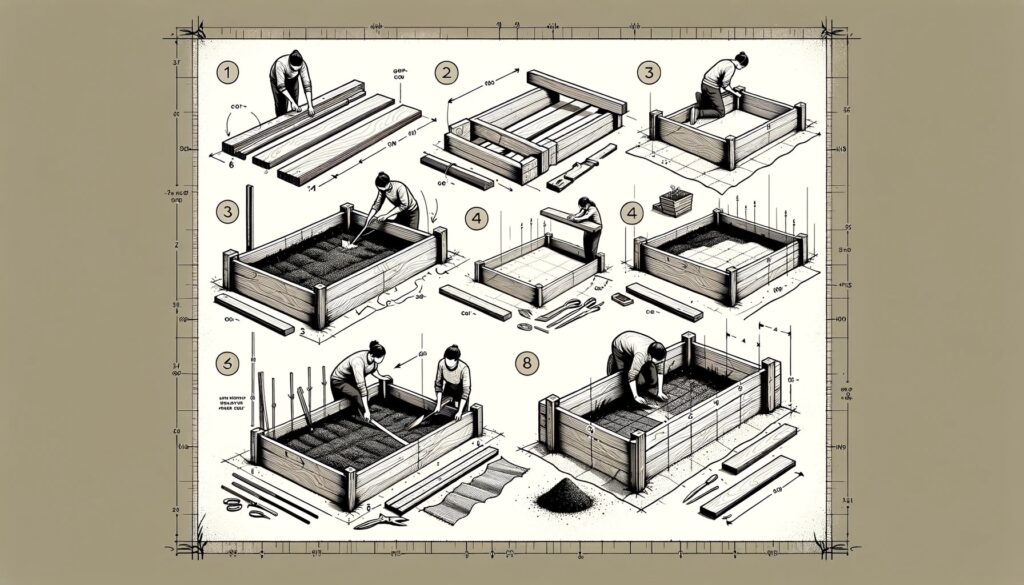 A series of line sketches illustrating the steps to create a DIY raised garden bed.