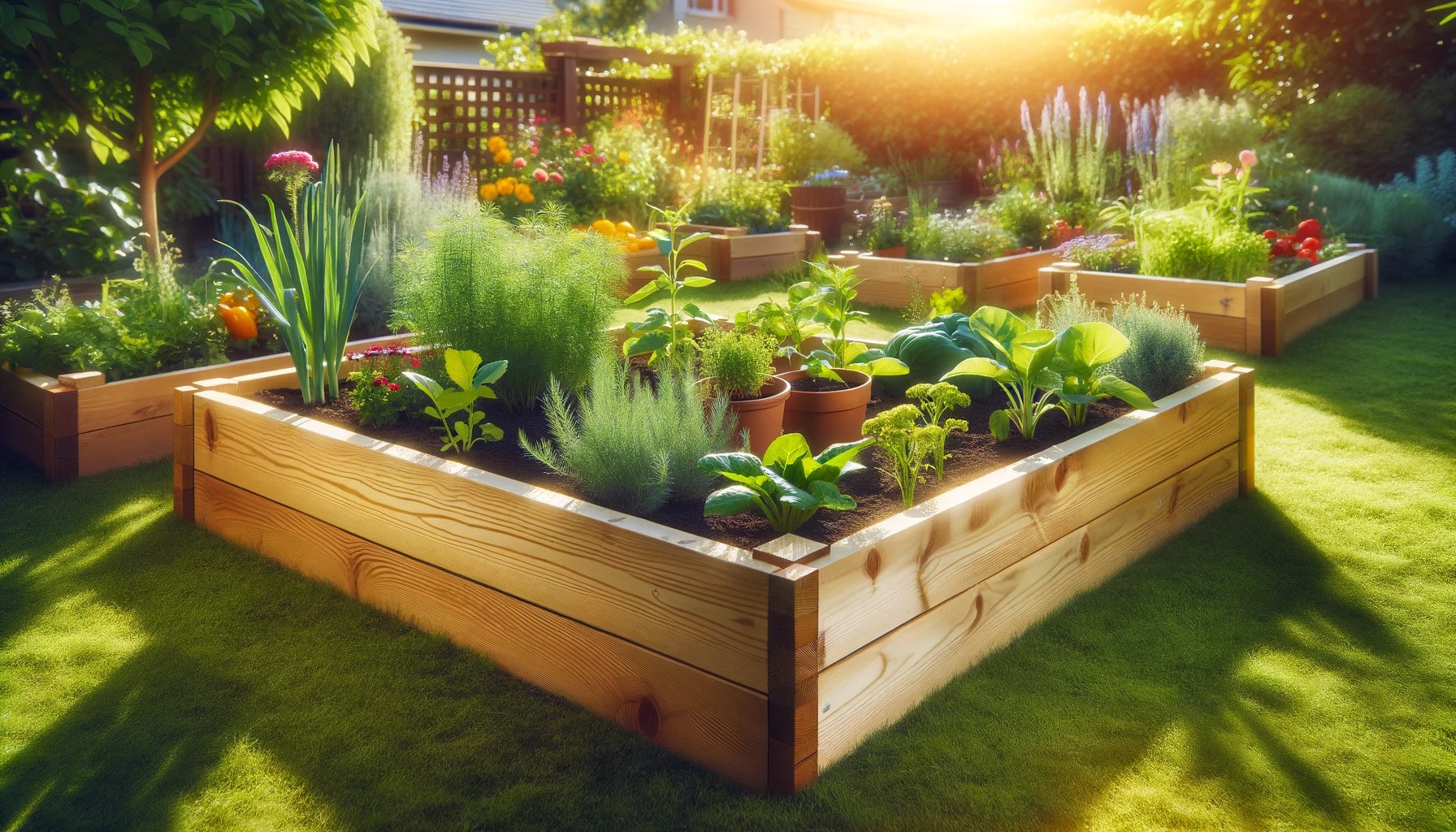 A sunny garden space with a neatly constructed DIY raised garden bed, filled with vibrant plants such as vegetables, herbs, flowers, and shrubs