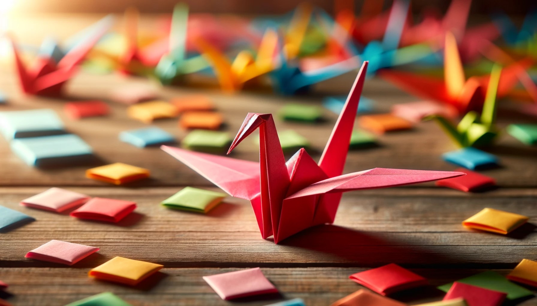 A vibrant origami crane, elegantly folded, sitting on a wooden table surrounded by a few scattered colorful paper squares