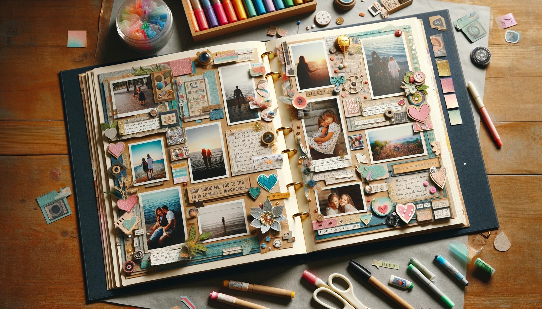An open scrapbook with beautifully arranged photographs, embellishments, and annotations, capturing cherished memories. The scrapbook lies on a table