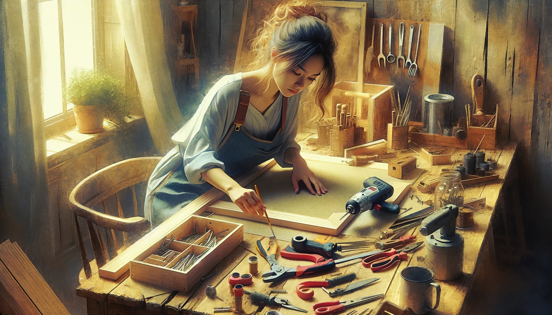 a woman engaged in a DIY project, working intensely at a workbench with tools spread around in a well-lit room