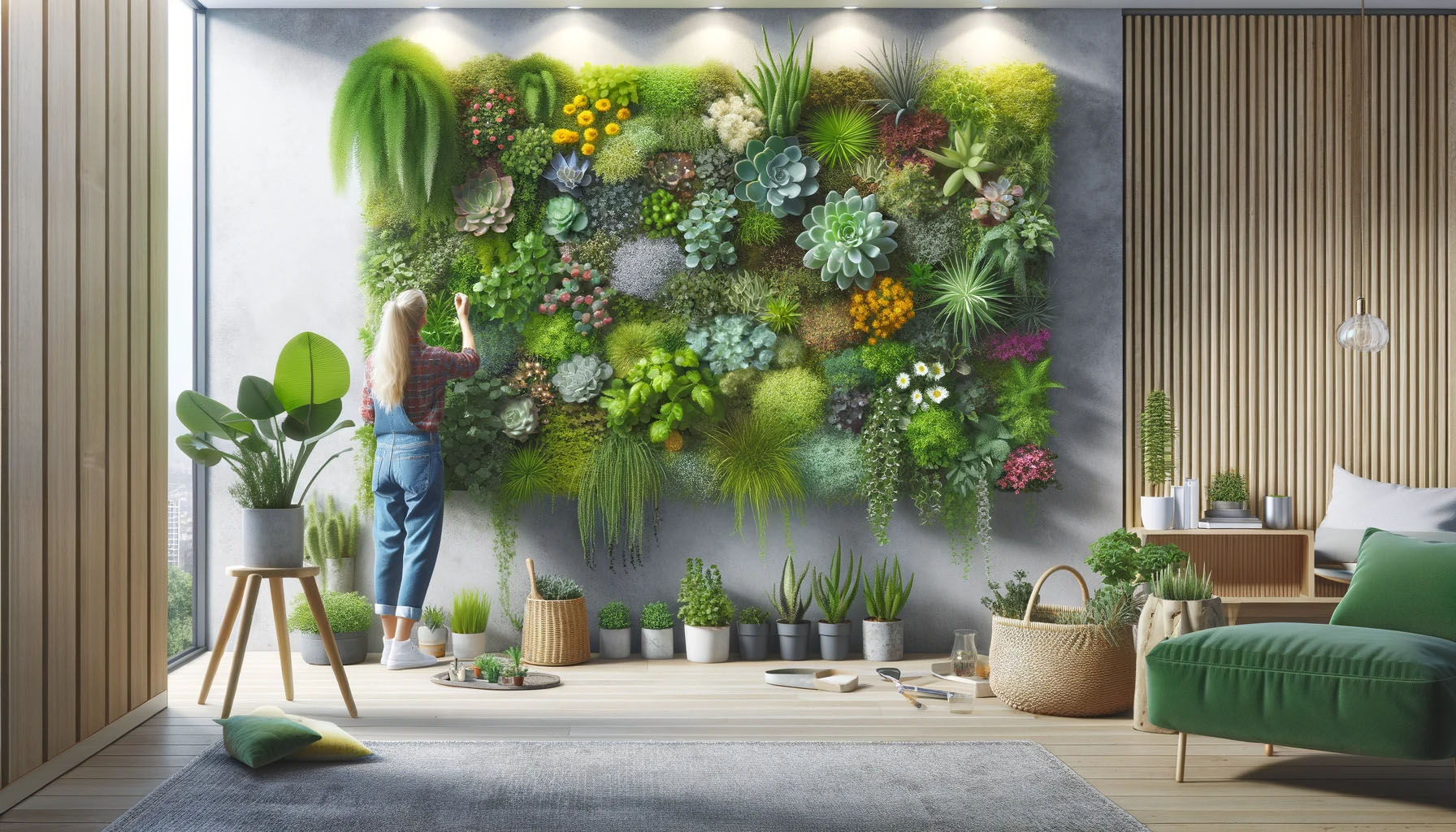 A beautiful and vibrant vertical garden installed on a wall in a modern home setting
