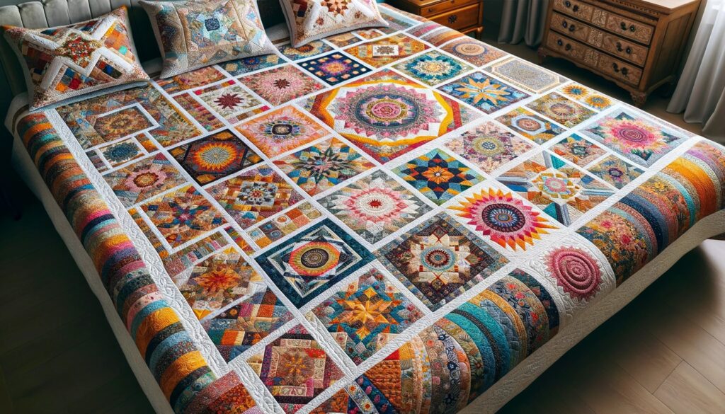A beautifully designed patchwork quilt spread out on a bed, showcasing intricate patterns and vivid colors of the fabric pieces
