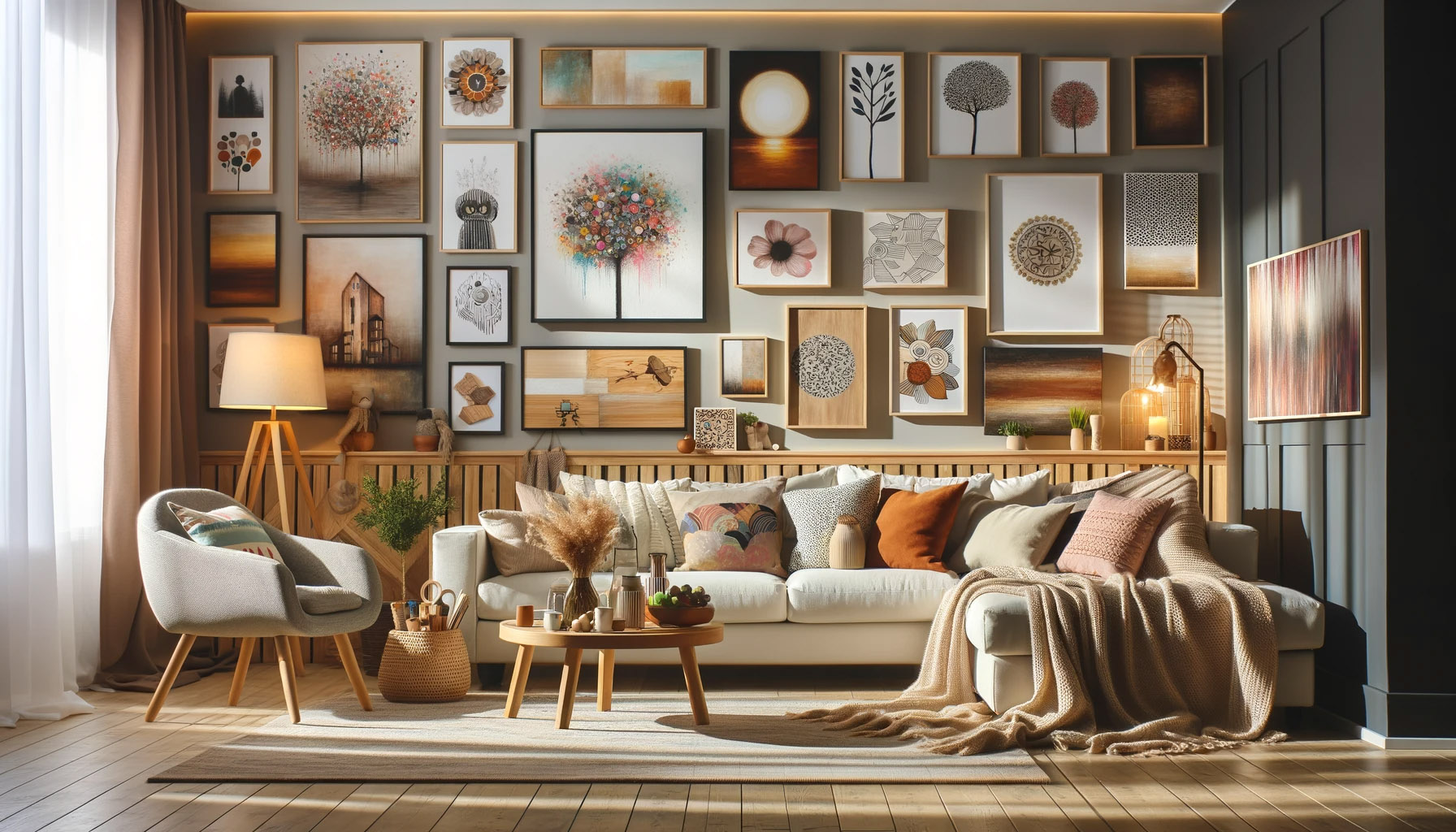 A cozy and modern living room, featuring a variety of DIY wall art pieces