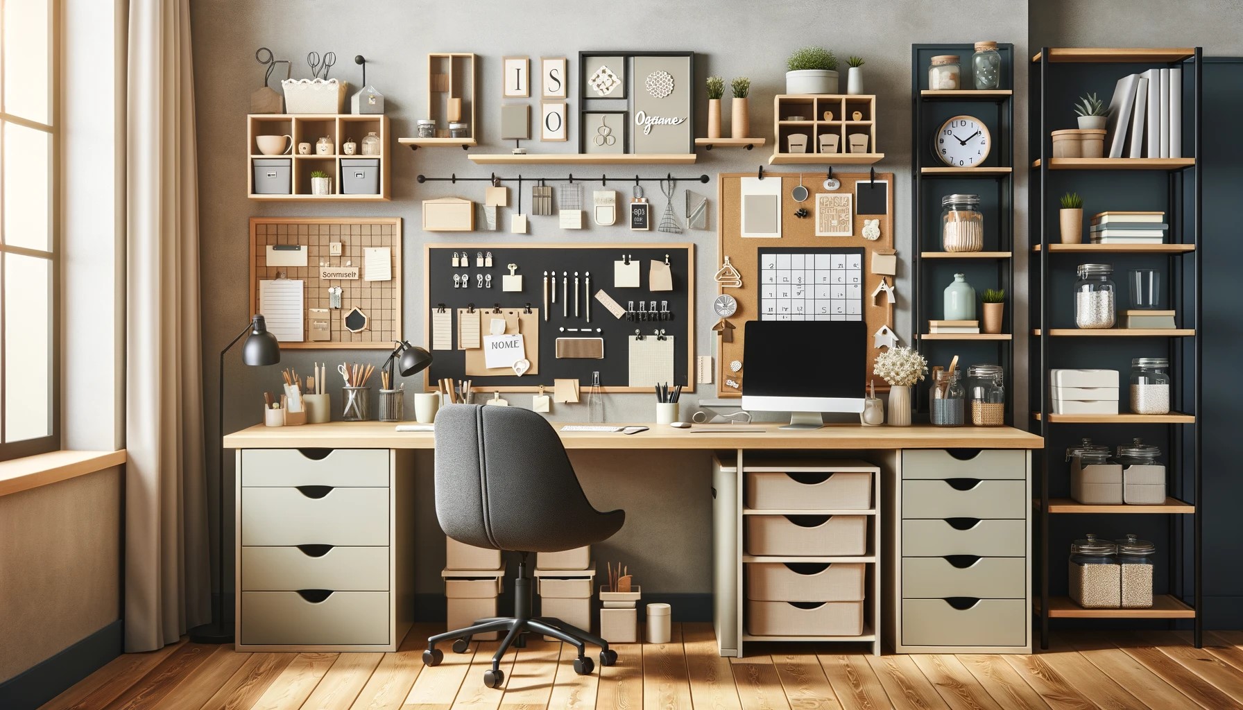 DIY home office, office organization, workspace organization, desk organizers, wall-mounted shelves, magnetic boards, cable management, DIY filing system, floating shelves, repurposed jars, under-desk storage, personalized bulletin boards, ergonomic workspace, home office ideas