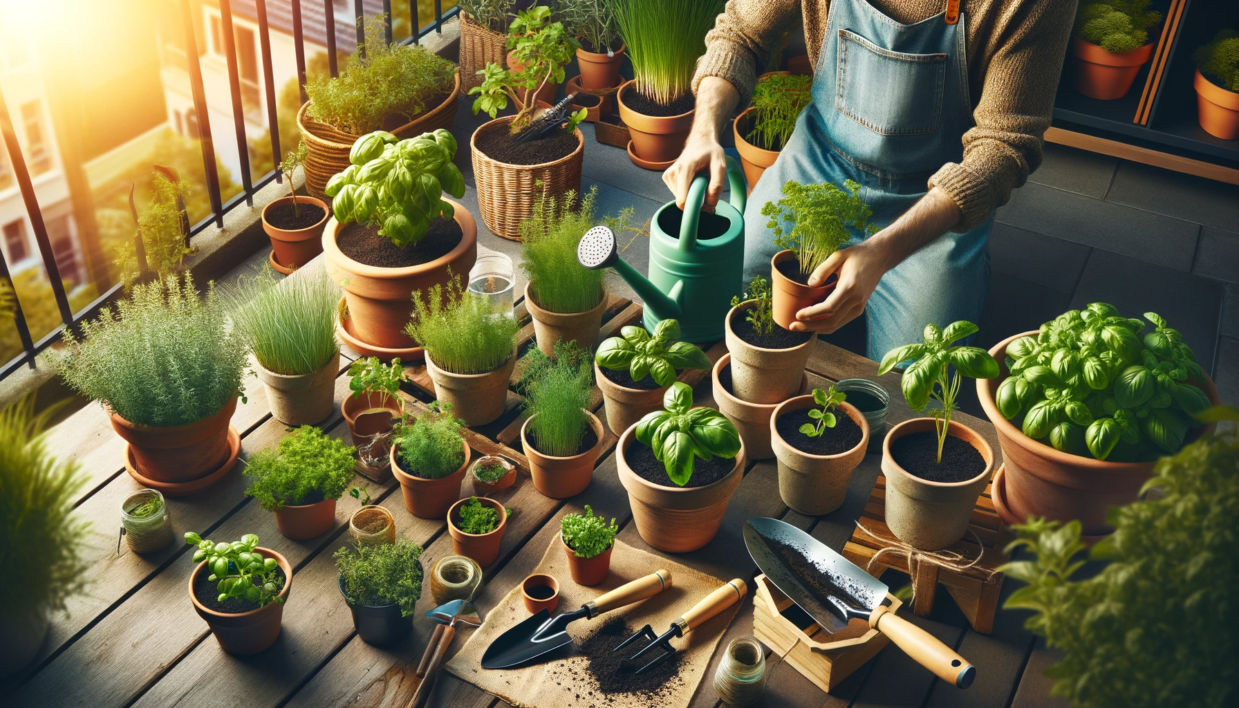 A person planting and arranging herb pots in a garden or on a balcony