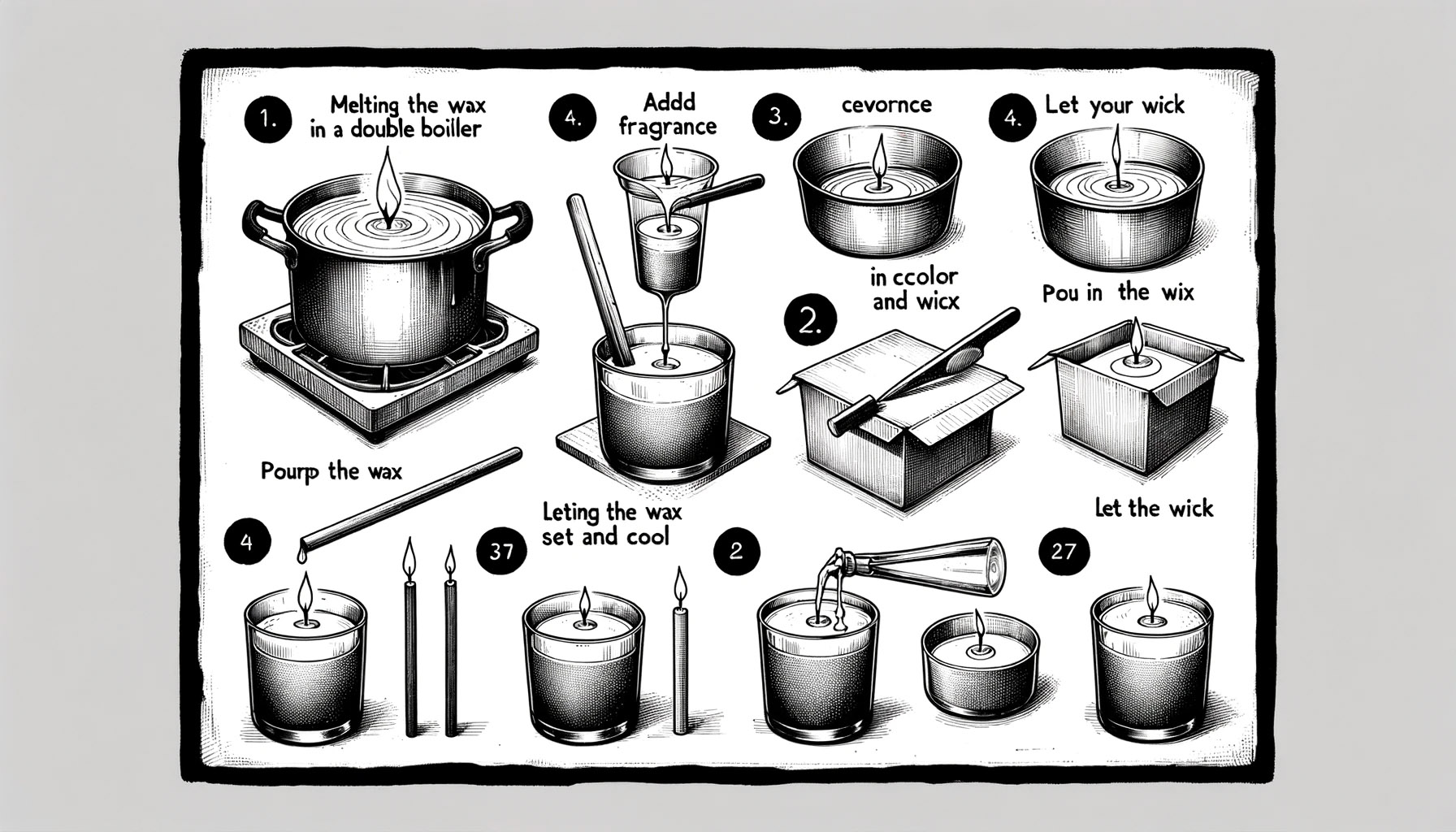A series of step-by-step sketches depicting the handmade candles making process