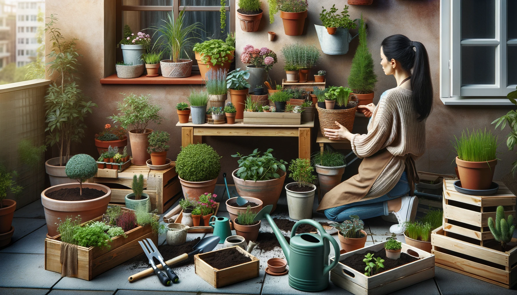 A woman arranging and planting in various containers like pots, planters, and window boxes