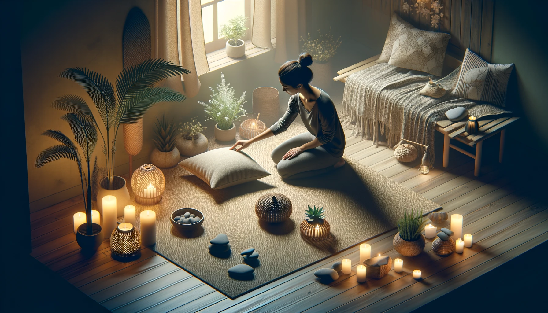 A woman arranging her meditation space at home. The scene shows a cushion or mat for seating, soft lighting or candles, and natural elements