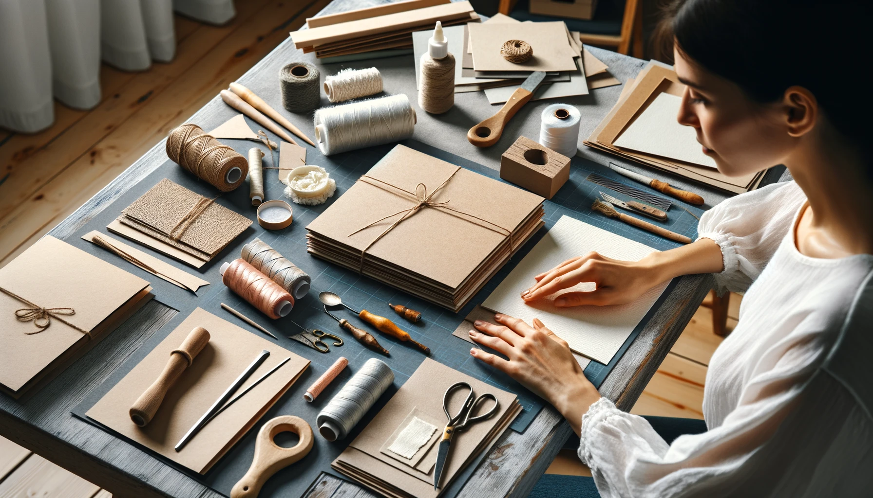 A woman at a table, involved in the bookbinding process