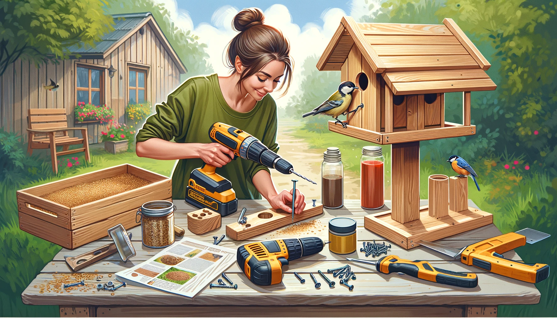 A woman constructing a bird feeder, working with materials like untreated wood, screws, a drill, saw, and bird-safe paint