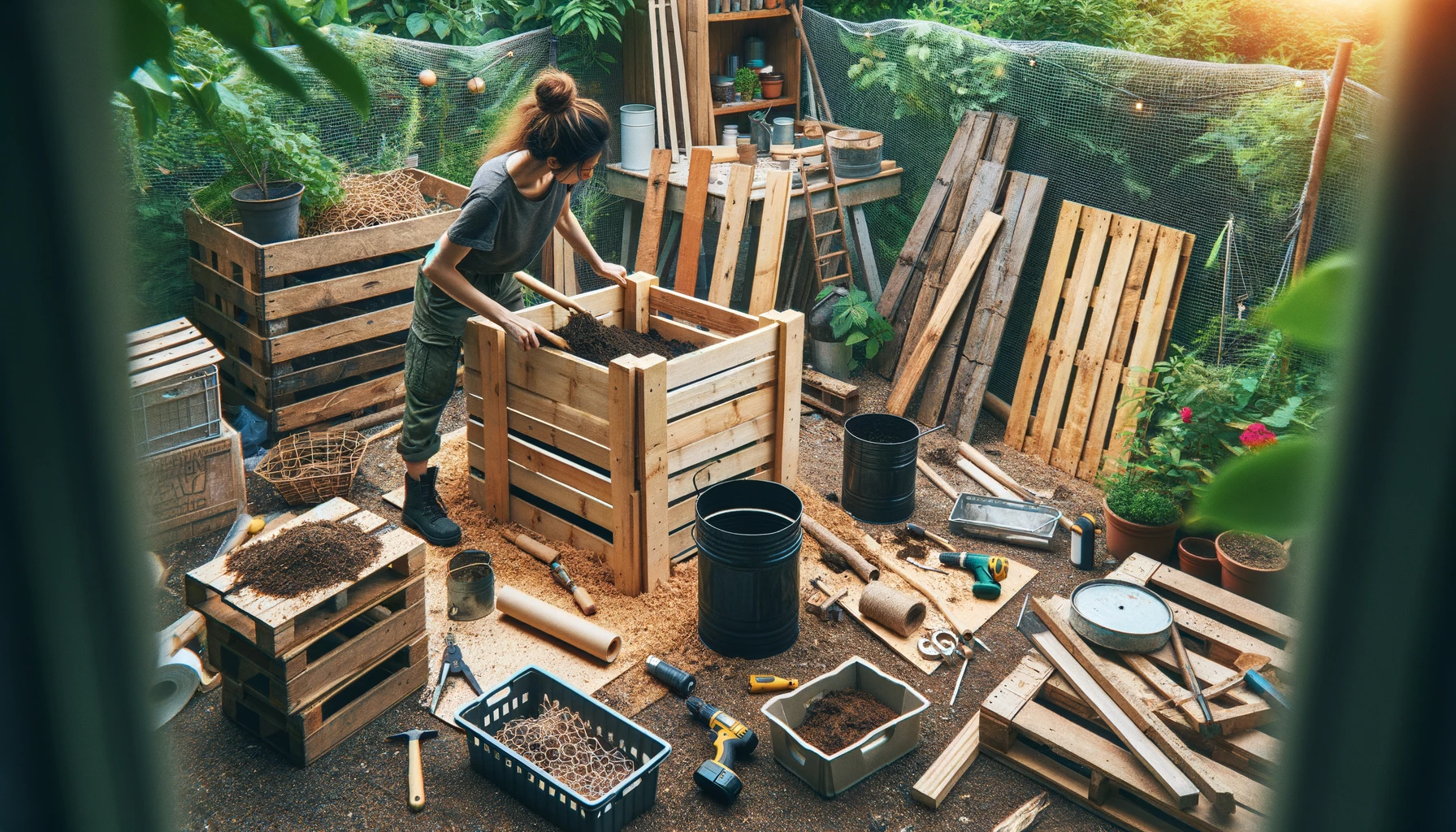 A woman constructing a compost bin in her garden, working with materials like wooden pallets, lumber, chicken wire, and tools