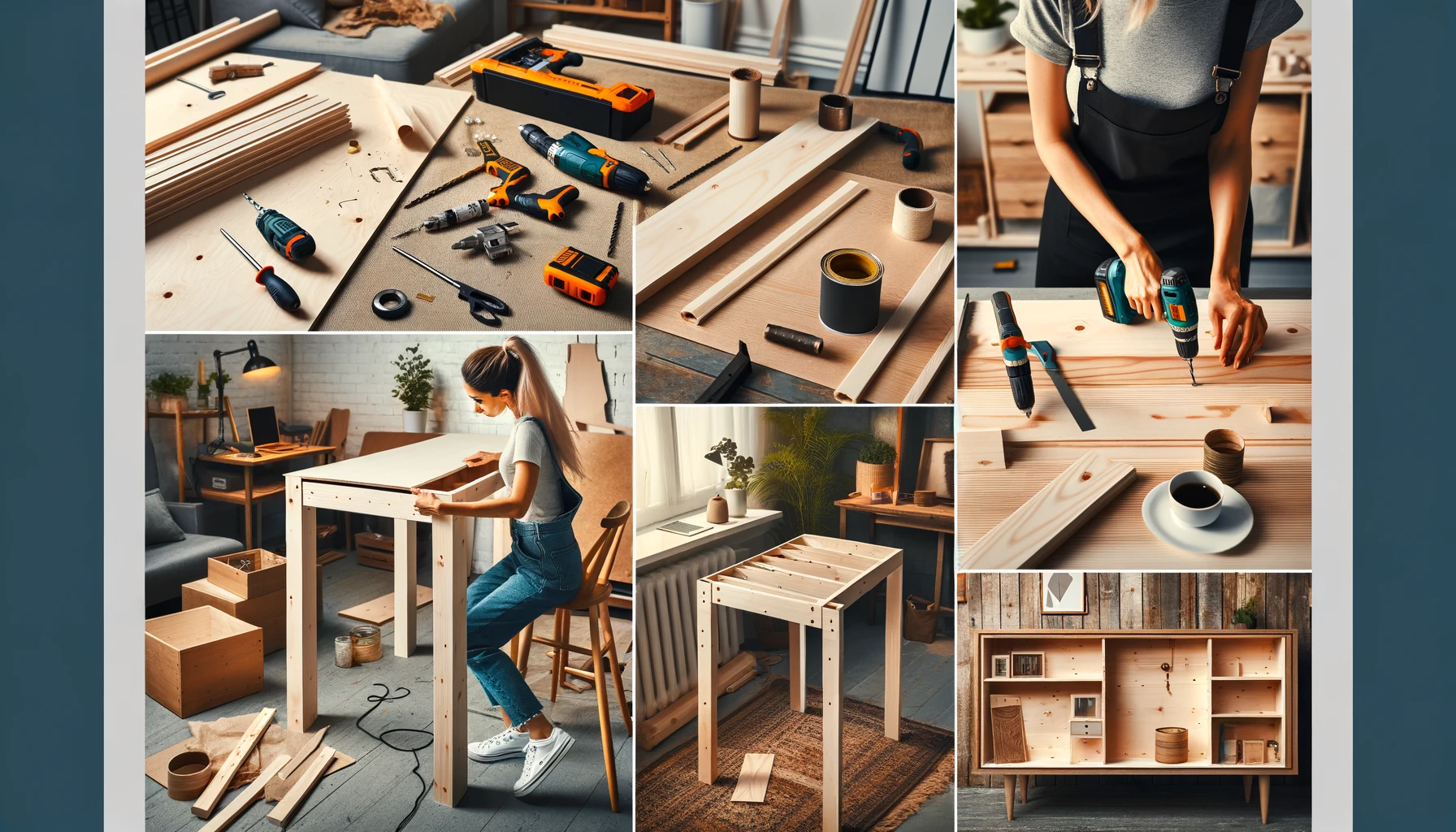 A woman constructing a home office desk, working with materials like plywood or solid wood, table legs, a drill, saw, and paint or wood stain