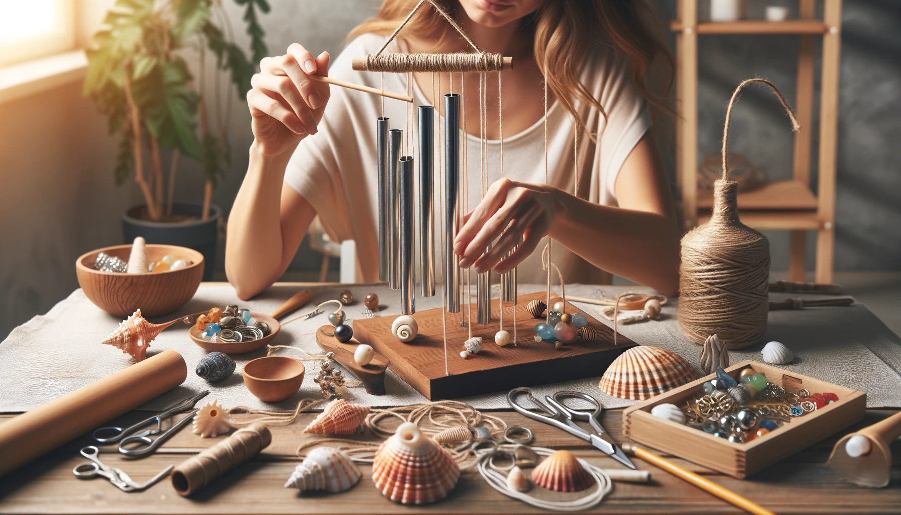 A woman crafting a wind chime, working on a table with materials like metal tubes, shells, beads, keys, and a wooden base