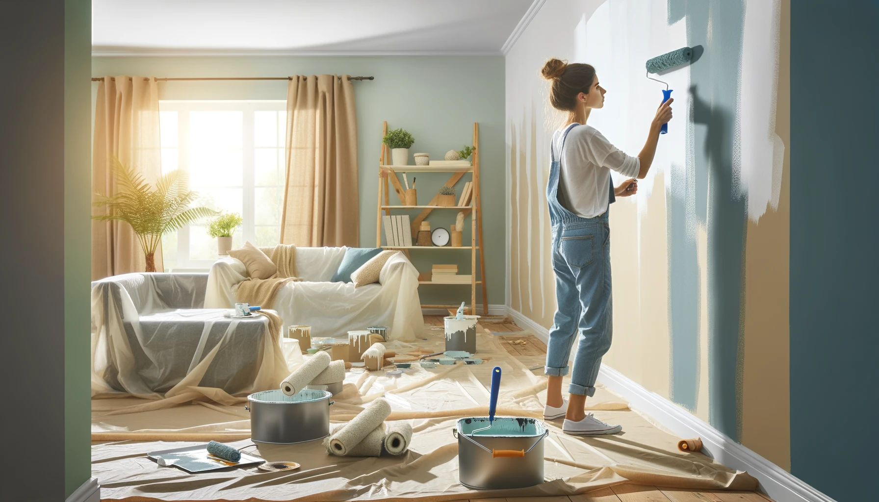 A woman in the process of painting a room, using paint rollers and brushes