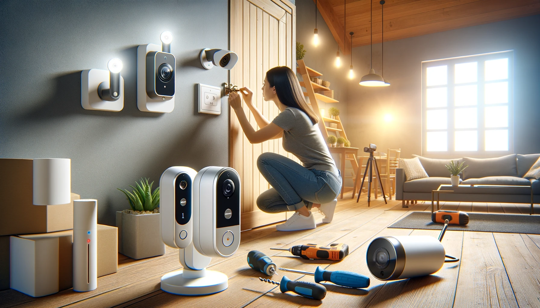 A woman installing home security devices like a smart camera, door and window sensors, and smart locks