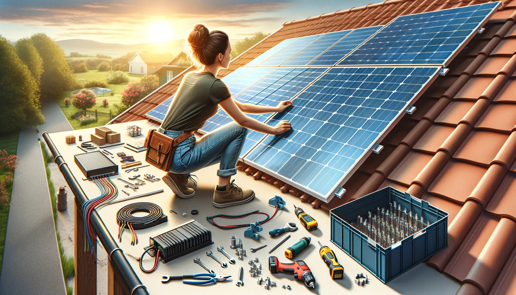 A woman installing solar panels on a roof or in an open area
