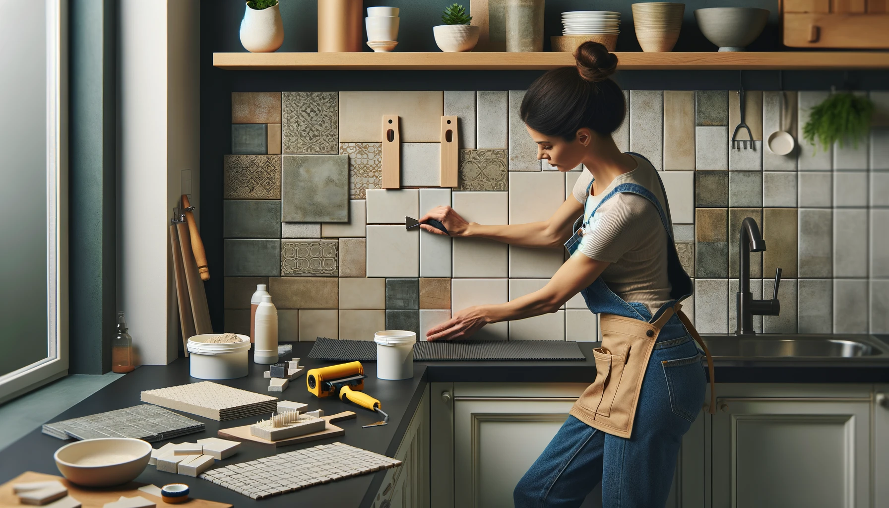 A woman installing tiles for a kitchen backsplash, surrounded by materials like ceramic or glass tiles, tile adhesive, a notched trowel