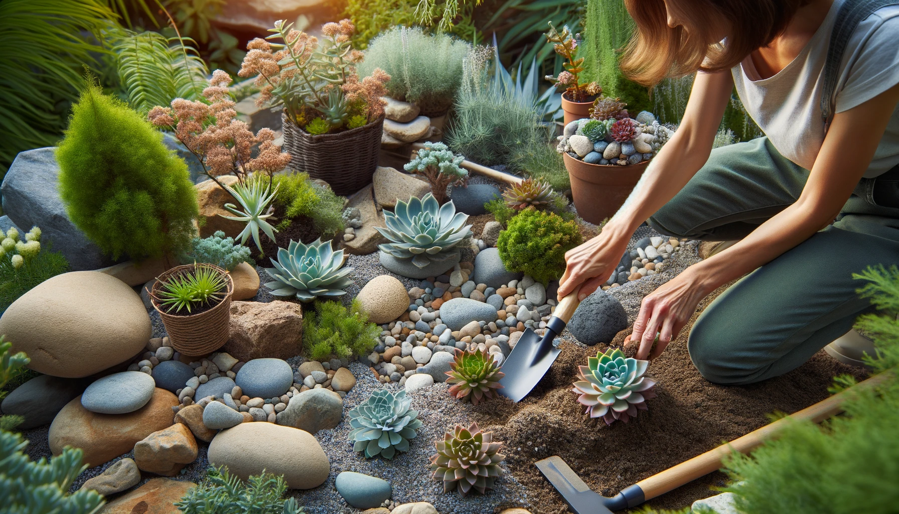 A woman outdoors, arranging rocks and planting in a rock garden