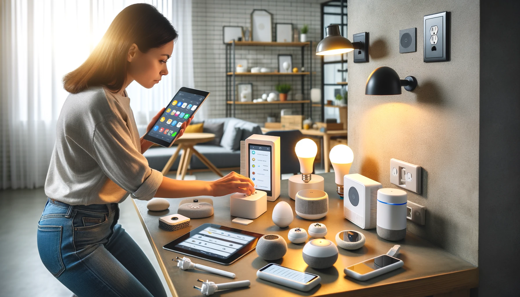 A woman setting up a home automation system, working with devices like smart bulbs, smart plugs, and a tablet or smartphone