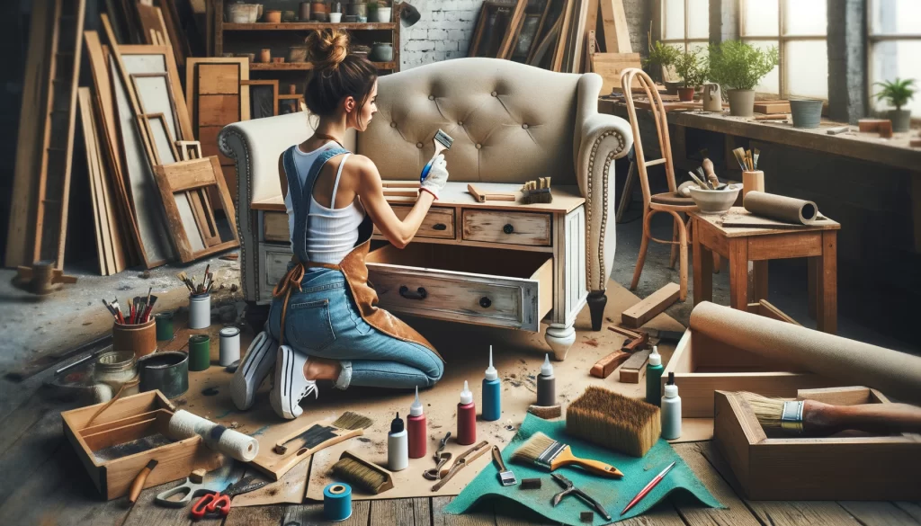 A woman working on refurbishing an old piece of furniture surrounded by tools and materials like sandpaper paint brushes and new hardware