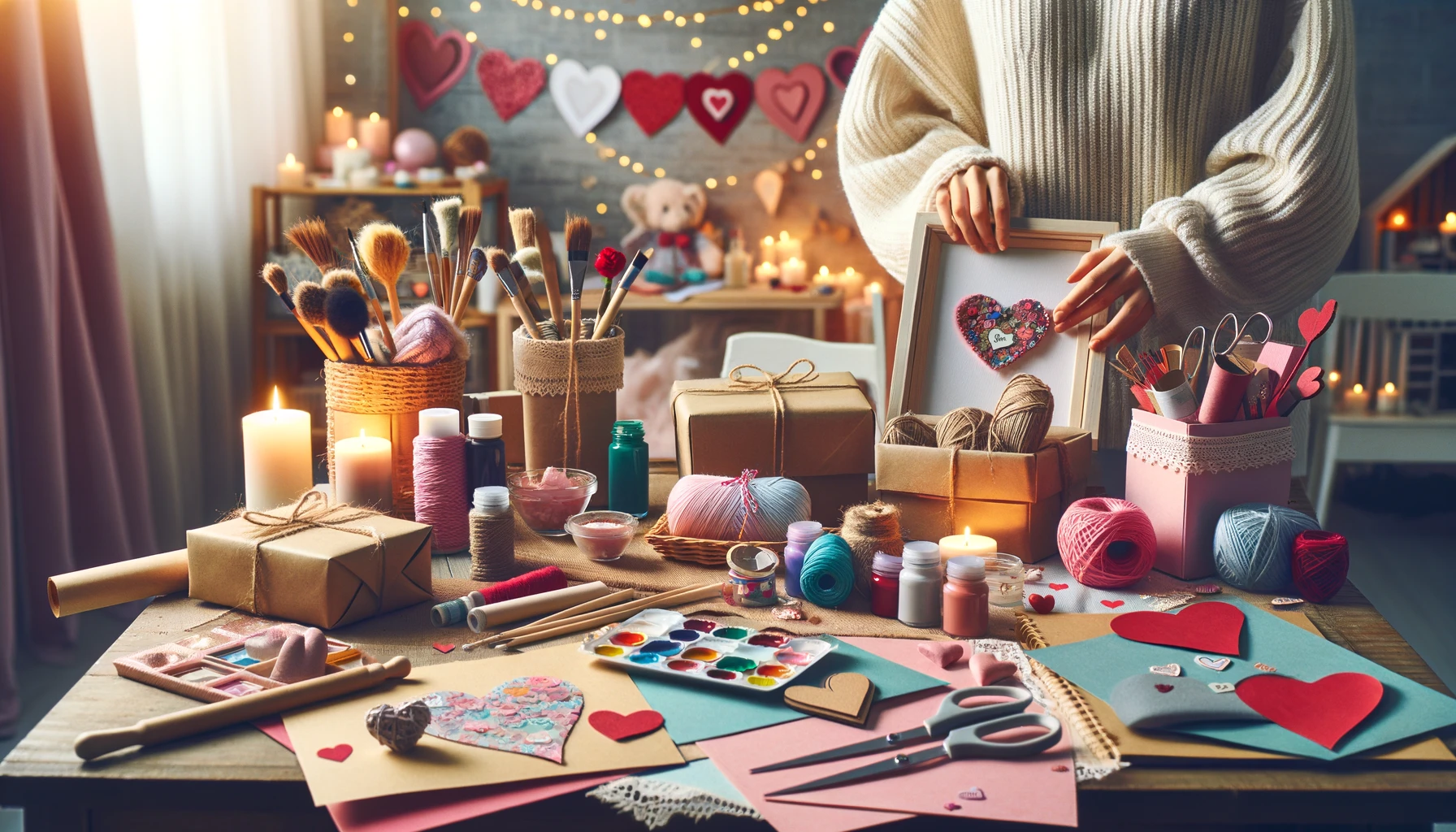 An image depicting a hands-on crafting scene with several DIY Valentine's Day gifts being made