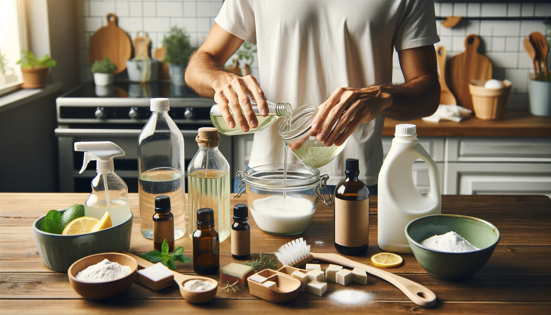 An individual in their kitchen, mixing ingredients to make natural cleaning products