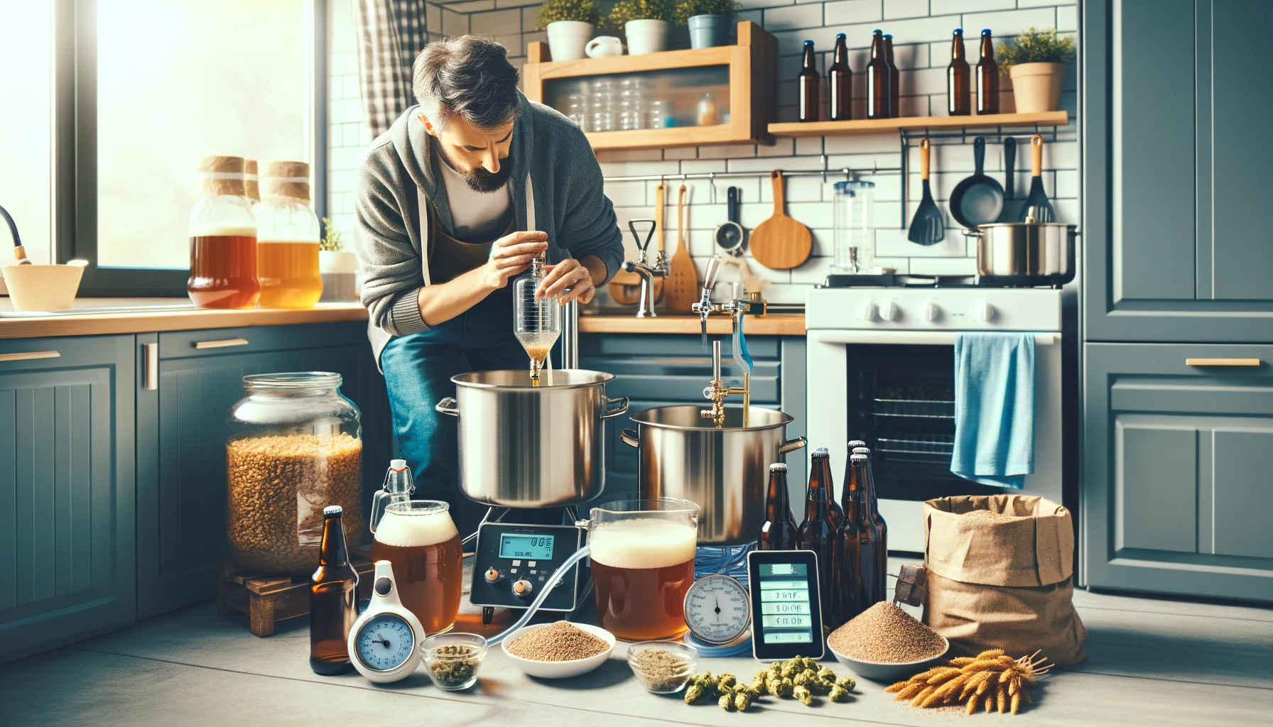 An individual in their kitchen, working on homebrewing beer