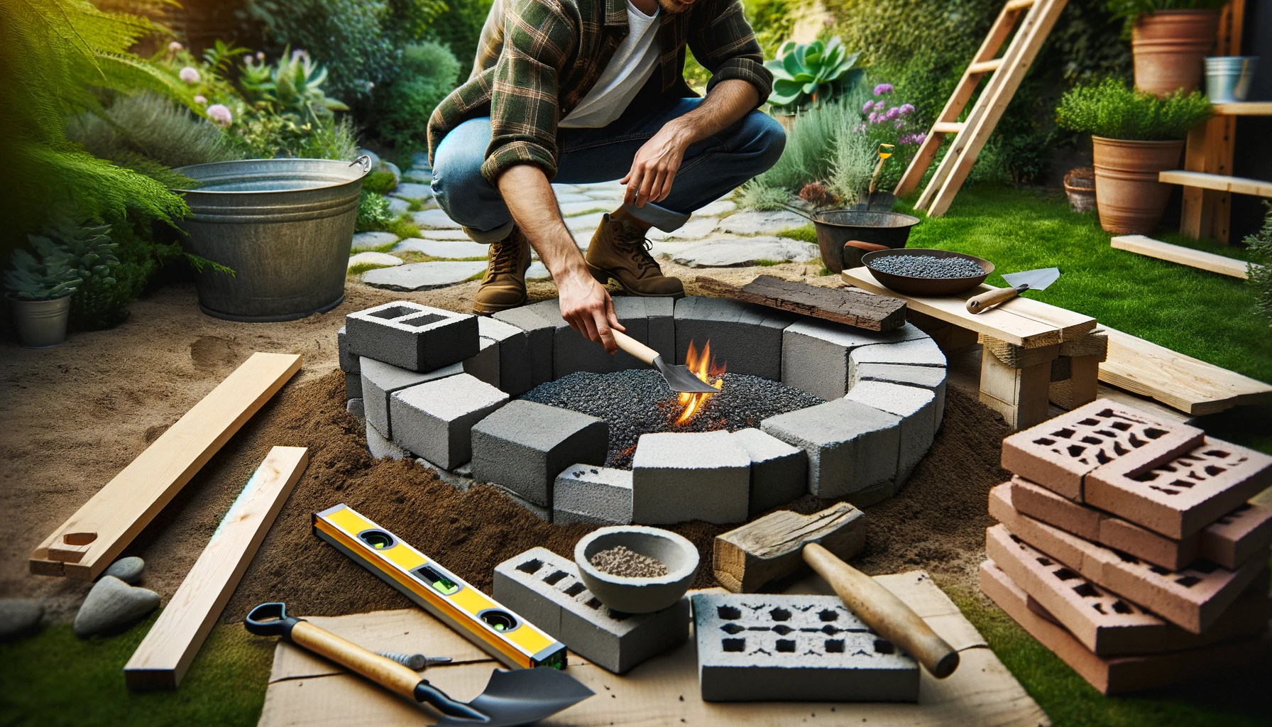 An individual outdoors, constructing a fire pit in their backyard