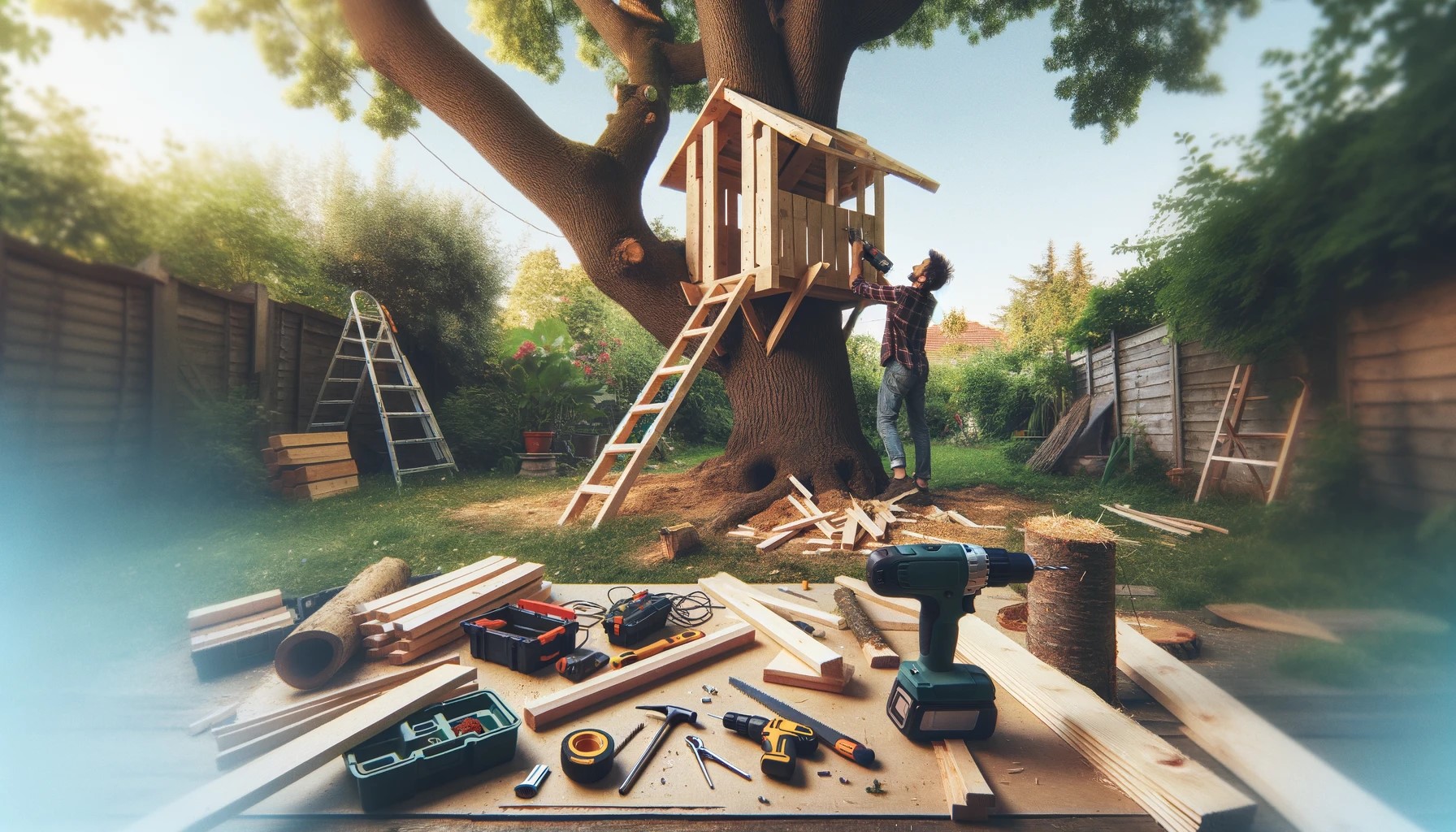 An individual working on constructing a simple treehouse