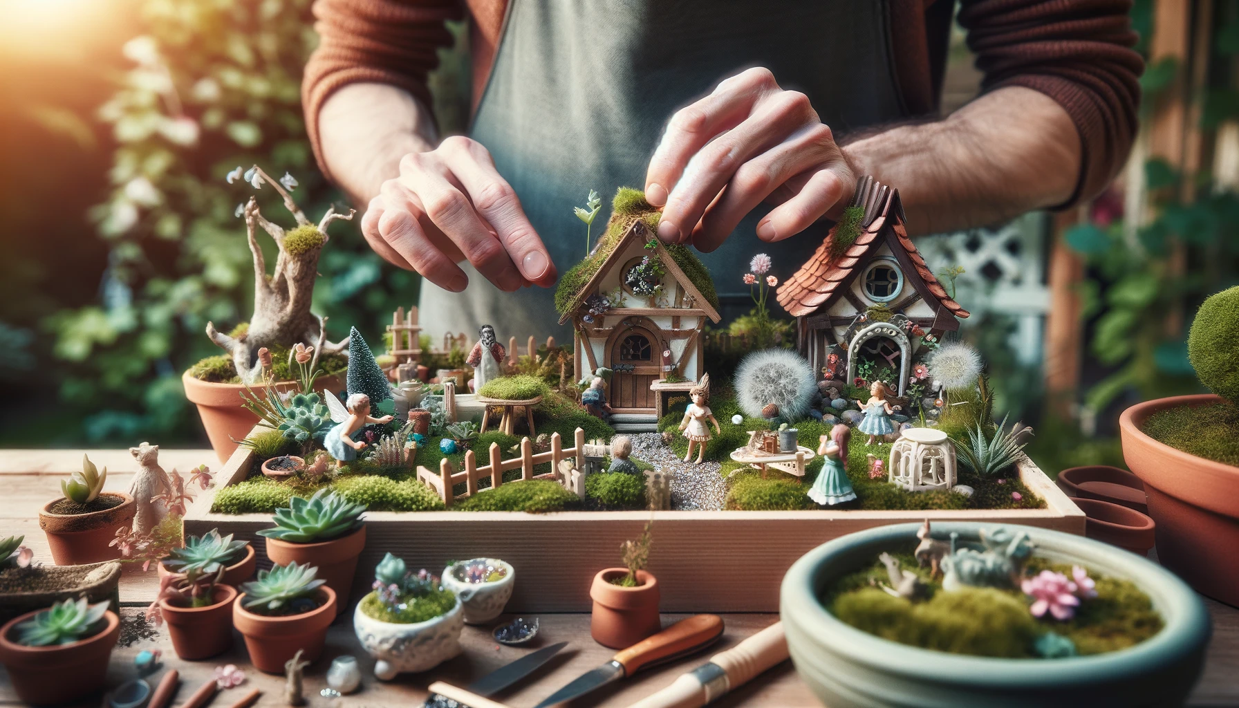 An individual working on creating a fairy garden, arranging miniature houses, furniture, figurines, and small plants