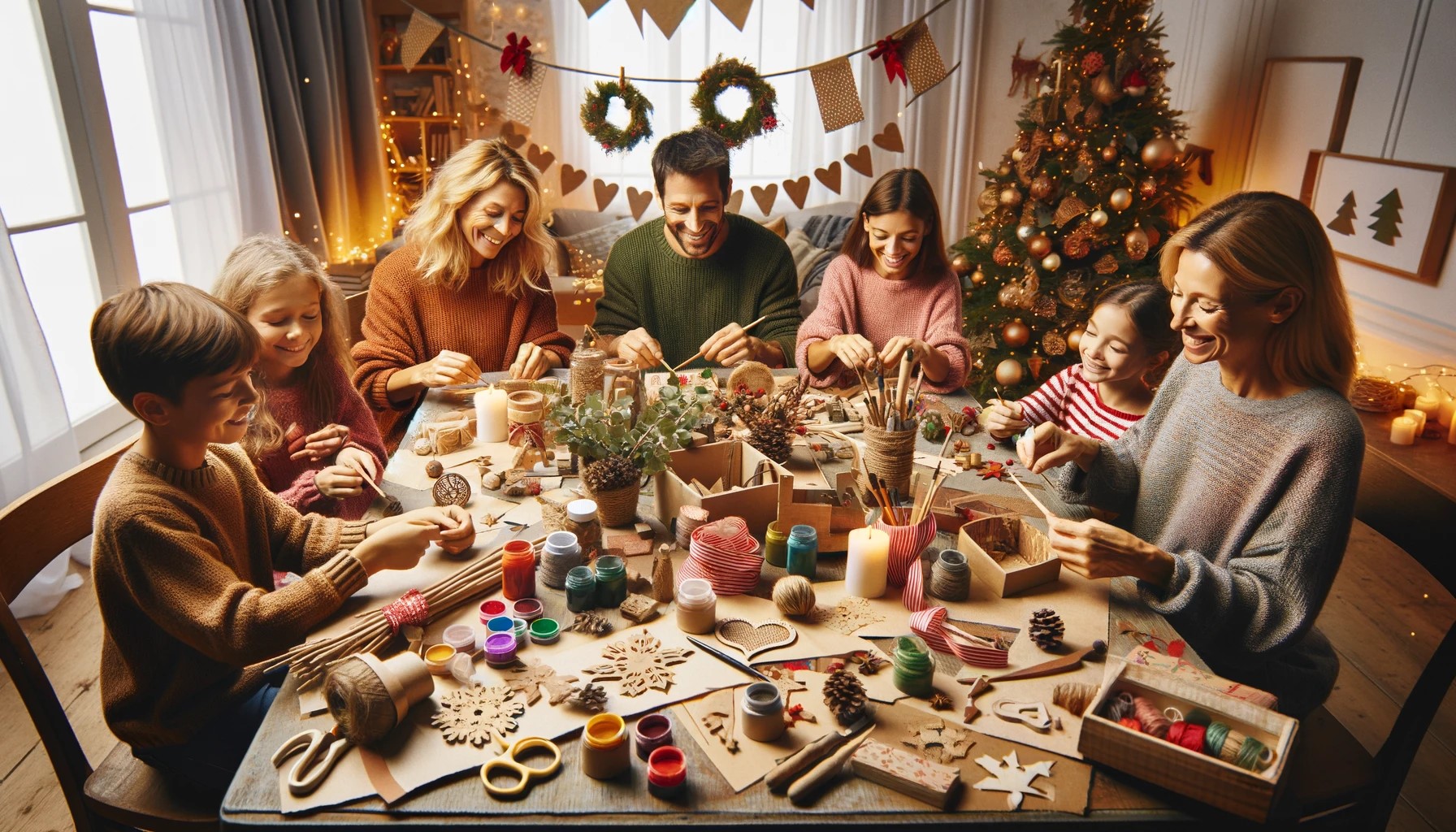 a family is gathered around a table, each member involved in creating different holiday decorations